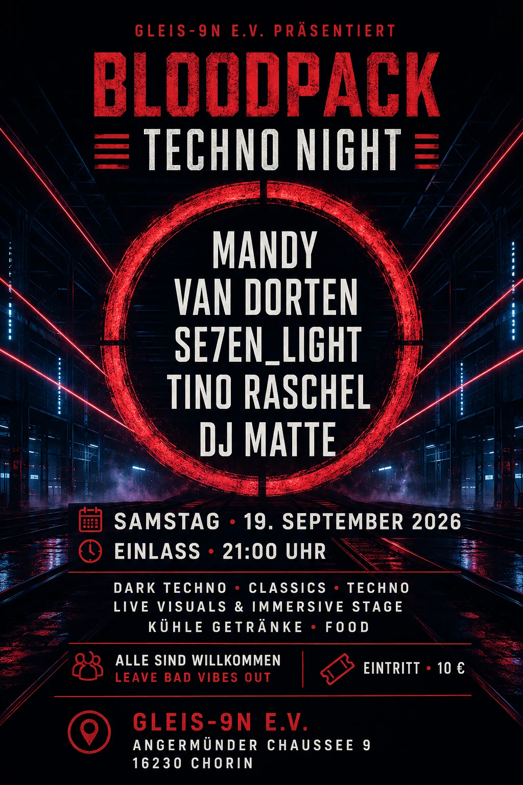 Eventgrafik zur BLOODPACK TECHNO NIGHT am 19. September 2026 im GLEIS-9N e.V. in Chorin