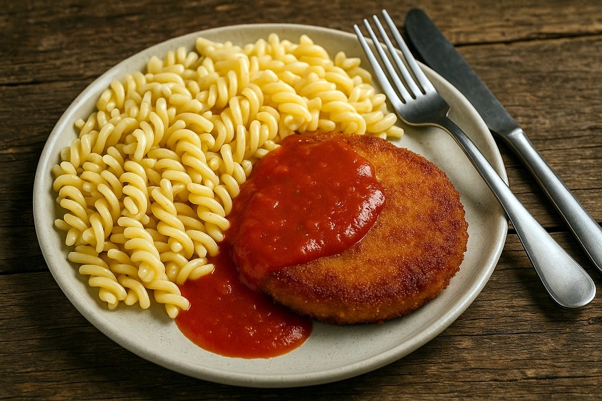 Jägerschnitzel mit Spirelli-Nudeln und Tomatensoße