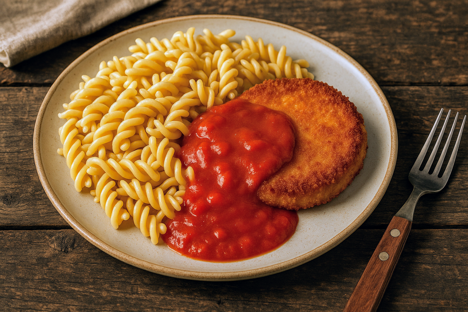 Jägerschnitzel mit Tomaten-Soße und Spirelli-Nudeln